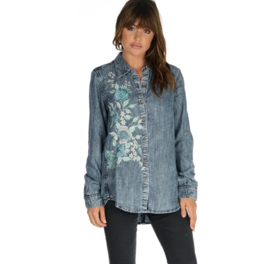 Tolani Evan Chambray Floral Embroidered Button Up -